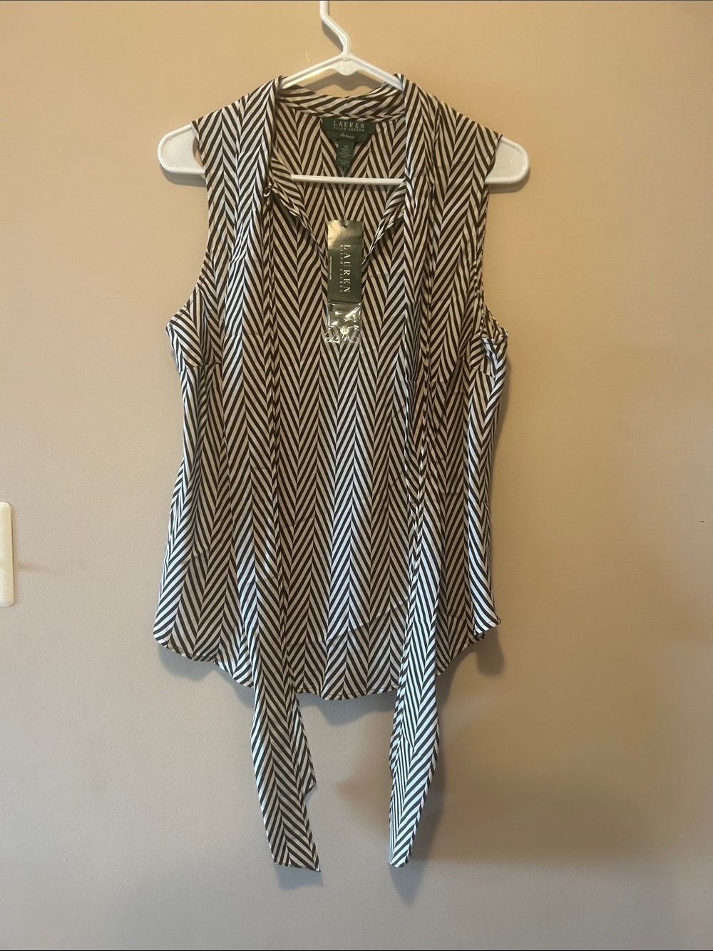 Lauren Ralph Lauren Brown and White Chevron Tie-Neck Sleeveless Camisole